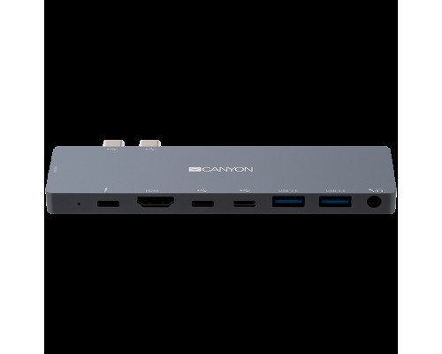 Док-станция CANYON DS-8 Multiport Docking Station with 8 port, 1*Type C PD100W+2*Type C data+2*HDMI+2*USB3.0+1*Audio. Input 100-240V, Output USB-C PD100W&USB-A 5V/1A, Aluminium alloy, Space gray, 135*48*10mm, 0.056kg