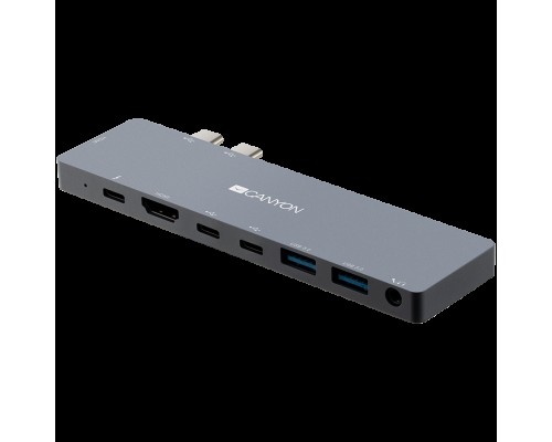 Док-станция CANYON DS-8 Multiport Docking Station with 8 port, 1*Type C PD100W+2*Type C data+2*HDMI+2*USB3.0+1*Audio. Input 100-240V, Output USB-C PD100W&USB-A 5V/1A, Aluminium alloy, Space gray, 135*48*10mm, 0.056kg