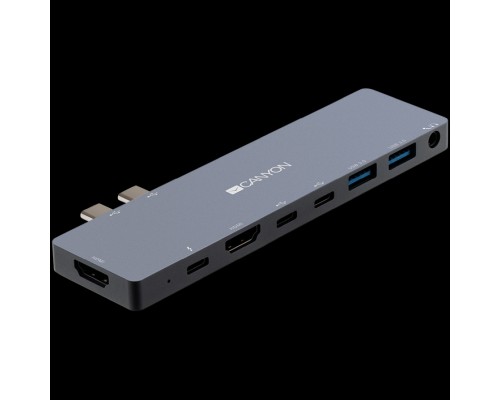Док-станция CANYON DS-8 Multiport Docking Station with 8 port, 1*Type C PD100W+2*Type C data+2*HDMI+2*USB3.0+1*Audio. Input 100-240V, Output USB-C PD100W&USB-A 5V/1A, Aluminium alloy, Space gray, 135*48*10mm, 0.056kg