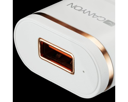 Адаптер питания CANYON H-01 Universal 1xUSB AC charger (in wall) with over-voltage protection, Input 100V-240V, Output 5V-1A, white glossy plastic + rose-gold stripe, 64.5*36.2*18.6mm, 0.023kg