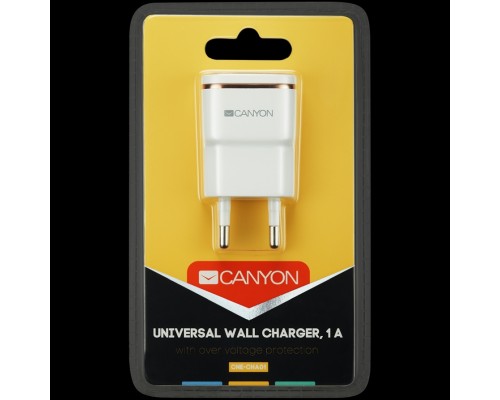 Адаптер питания CANYON H-01 Universal 1xUSB AC charger (in wall) with over-voltage protection, Input 100V-240V, Output 5V-1A, white glossy plastic + rose-gold stripe, 64.5*36.2*18.6mm, 0.023kg