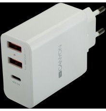 Адаптер питания CANYON H-08 Universal 3xUSB AC charger (in wall) with over-voltage protection(1 USB-C with PD Quick Charger), Input 100V-240V, OutputUSB-A/5V-2.4A+USB-C/PD30W, with Smart IC, White Glossy Color+ orange plastic part of USB, 96.8*52.48*