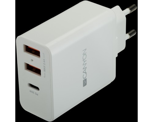 Адаптер питания CANYON H-08 Universal 3xUSB AC charger (in wall) with over-voltage protection(1 USB-C with PD Quick Charger), Input 100V-240V, OutputUSB-A/5V-2.4A+USB-C/PD30W, with Smart IC, White Glossy Color+ orange plastic part of USB, 96.8*52.48*