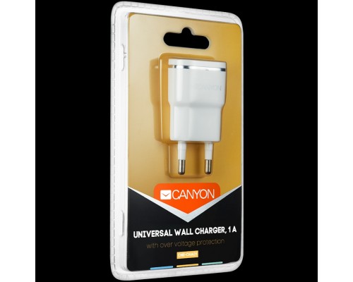 Адаптер питания CANYON H-01 Universal 1xUSB AC charger (in wall) with over-voltage protection, Input 100V-240V, Output 5V-1A, Universal 1xUSB AC charger (in wall) with over-voltage protection , Input 100V-240V, Output 5V-1A, white glossy plastic + si