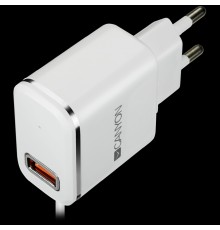 Адаптер питания CANYON H-043 Universal 1xUSB AC charger (in wall) with over-voltage protection, plus lightning USB connector, Input 100V-240V, Output 5V-2.1A, with Smart IC, white(silver electroplated stripe), cable length 1m, 81*47.2*27mm, 0.059kg  