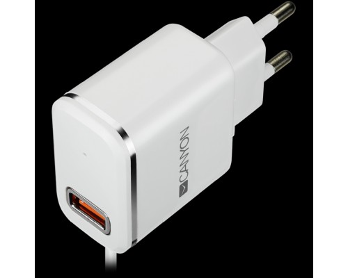 Адаптер питания CANYON H-043 Universal 1xUSB AC charger (in wall) with over-voltage protection, plus lightning USB connector, Input 100V-240V, Output 5V-2.1A, with Smart IC, white(silver electroplated stripe), cable length 1m, 81*47.2*27mm, 0.059kg