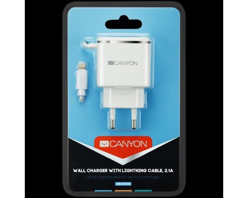 Адаптер питания CANYON H-043 Universal 1xUSB AC charger (in wall) with over-voltage protection, plus lightning USB connector, Input 100V-240V, Output 5V-2.1A, with Smart IC, white(silver electroplated stripe), cable length 1m, 81*47.2*27mm, 0.059kg