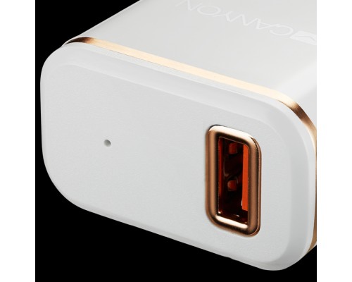 Адаптер питания CANYON H-043 Universal 1xUSB AC charger (in wall) with over-voltage protection, plus lightning USB connector, Input 100V-240V, Output 5V-2.1A, with Smart IC, white(rose-gold electroplated stripe), cable length 1m, 81*47.2*27mm, 0.059k