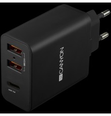 Адаптер питания CANYON H-08 Universal 3xUSB AC charger (in wall) with over-voltage protection(1 USB-C with PD Quick Charger), Input 100V-240V, Output USB-A/5V-2.4A+USB-C/PD30W, with Smart IC, Black Glossy Color+orange plastic part of USB, 96.8*52.48*