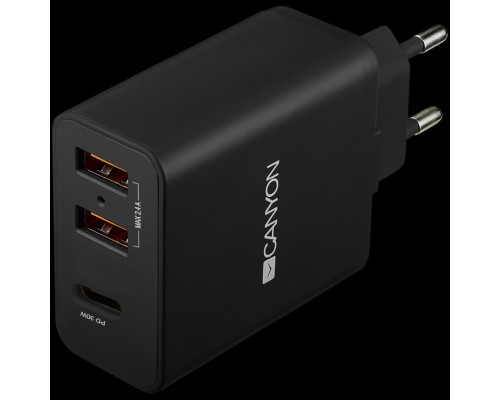 Адаптер питания CANYON H-08 Universal 3xUSB AC charger (in wall) with over-voltage protection(1 USB-C with PD Quick Charger), Input 100V-240V, Output USB-A/5V-2.4A+USB-C/PD30W, with Smart IC, Black Glossy Color+orange plastic part of USB, 96.8*52.48*