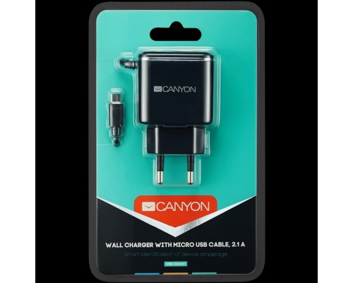 Адаптер питания CANYON H-041 Universal 1xUSB AC charger (in wall) with over-voltage protection, plus Micro USB connector, Input 100V-240V, Output 5V-2.1A, with Smart IC, black (silver stripe), cable length 1m, 81*47.2*27mm, 0.059kg