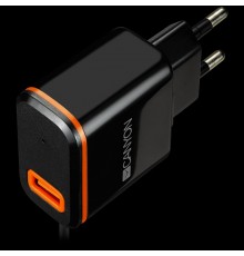 Адаптер питания CANYON H-042 Universal 1xUSB AC charger (in wall) with over-voltage protection, plus Type C USB connector, Input 100V-240V, Output 5V-2.1A, with Smart IC, black (orange stripe)?, cable length 1m, 81*47.2*27mm, 0.059kg                 