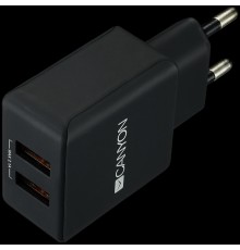 Адаптер питания CANYON H-03 Universal 2xUSB AC charger (in wall) with over-voltage protection, Input 100V-240V, Output 5V-2.1A, with Smart IC, black rubber coating with side parts+glossy with other parts, 80*42.5*23.8mm, 0.042kg                      