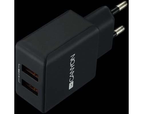 Адаптер питания CANYON H-03 Universal 2xUSB AC charger (in wall) with over-voltage protection, Input 100V-240V, Output 5V-2.1A, with Smart IC, black rubber coating with side parts+glossy with other parts, 80*42.5*23.8mm, 0.042kg