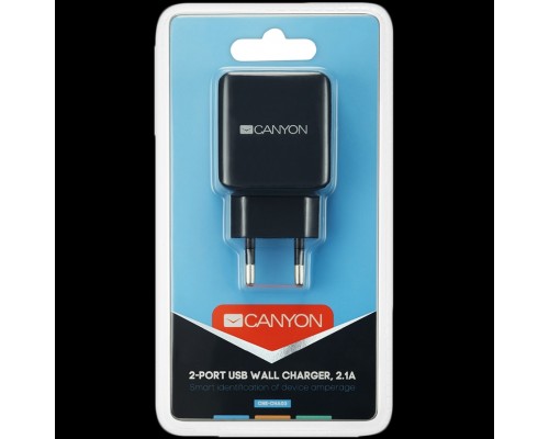 Адаптер питания CANYON H-03 Universal 2xUSB AC charger (in wall) with over-voltage protection, Input 100V-240V, Output 5V-2.1A, with Smart IC, black rubber coating with side parts+glossy with other parts, 80*42.5*23.8mm, 0.042kg