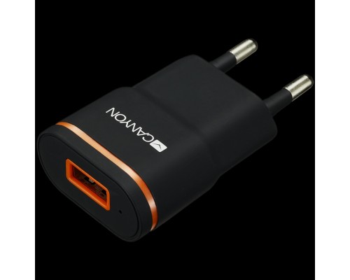 Адаптер питания CANYON H-01 Universal 1xUSB AC charger (in wall) with over-voltage protection, Input 100V-240V, Output 5V-1A, black plastic +rubber coating (orange stripe), 64.5*36.2*18.6mm, 0.023kg