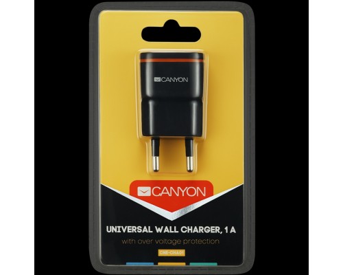 Адаптер питания CANYON H-01 Universal 1xUSB AC charger (in wall) with over-voltage protection, Input 100V-240V, Output 5V-1A, black plastic +rubber coating (orange stripe), 64.5*36.2*18.6mm, 0.023kg