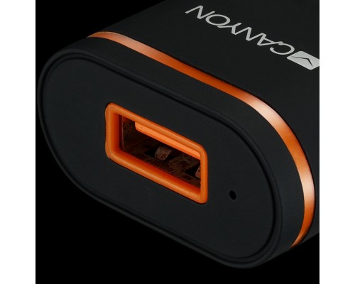 Адаптер питания CANYON H-01 Universal 1xUSB AC charger (in wall) with over-voltage protection, Input 100V-240V, Output 5V-1A, black plastic +rubber coating (orange stripe), 64.5*36.2*18.6mm, 0.023kg