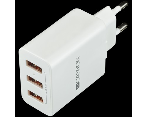 Адаптер питания CANYON H-05 Universal 3xUSB AC charger (in wall) with over-voltage protection, Input 100V-240V, Output 5V-4.2A, with Smart IC, white glossy color+ orange plastic part of USB, 89*46.3*27.2mm, 0.063kg