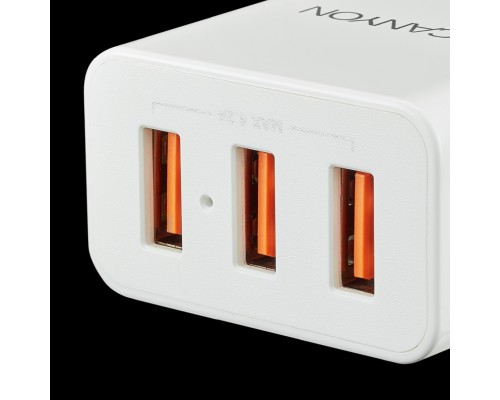 Адаптер питания CANYON H-05 Universal 3xUSB AC charger (in wall) with over-voltage protection, Input 100V-240V, Output 5V-4.2A, with Smart IC, white glossy color+ orange plastic part of USB, 89*46.3*27.2mm, 0.063kg