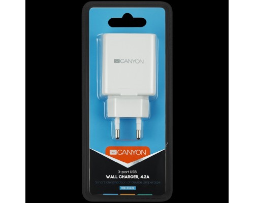 Адаптер питания CANYON H-05 Universal 3xUSB AC charger (in wall) with over-voltage protection, Input 100V-240V, Output 5V-4.2A, with Smart IC, white glossy color+ orange plastic part of USB, 89*46.3*27.2mm, 0.063kg