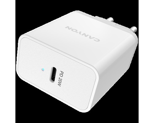 Адаптер питания Canyon, PD WALL Charger, Input: 110V-240V, Output:PD 20W, Eu plug, Over-load,  over-heated, over-current and short circuit protection Compliant with CE RoHs,ERP. Size: 89*46*26.5mm, 52g, White