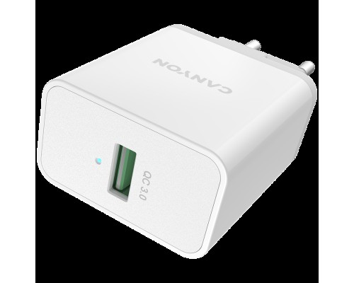 Адаптер питания Canyon, Wall charger with 1*USB, QC3.0 18W, Input: 110V-240V, Output:Output: DC 5V/3A,9V/2A,12V/1.5A, Eu plug, OCP/OVP/OTP/SCP, CE, RoHS ,ERP. Size: 89*46*26.5mm, 52g, White