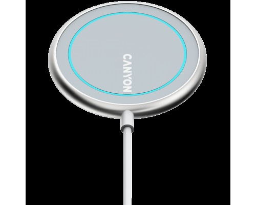 Беспроводное зарядное устройство CANYON WS-100 Wireless charger, Input 9V/2A, 9V/2.7A, 12V/2A, Output 15W/10W/7.5W/5W, Type c cable length 1.5m, Acrylic surface+Aluminium alloy edge, 59*59*7mm, 0.06Kg, Silver