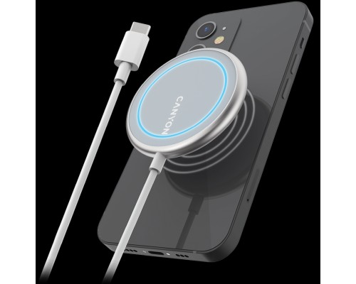 Беспроводное зарядное устройство CANYON WS-100 Wireless charger, Input 9V/2A, 9V/2.7A, 12V/2A, Output 15W/10W/7.5W/5W, Type c cable length 1.5m, Acrylic surface+Aluminium alloy edge, 59*59*7mm, 0.06Kg, Silver