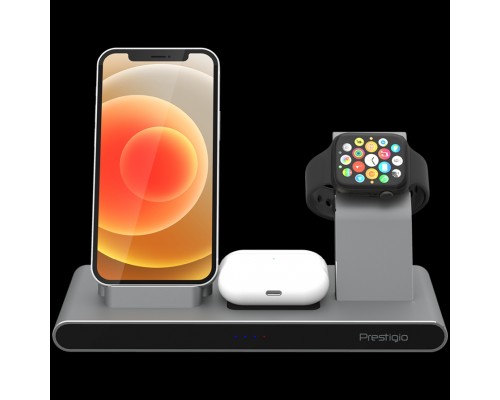 Беспроводное зарядное устройство Prestigio ReVolt A7, 3-in-1 wireless charging station for iPhone, Apple Watch, AirPods, wilreless output for phone 7.5W/10W, wireless output for AirPods 5W, wireless output for Apple Watch 2.5W, material: aluminum+tem