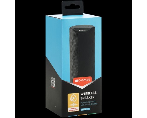Портативная аудиосистема CANYON BSP-51 Bluetooth Speaker, BT V5.0, Jieli AC6925B, Built in microphone, TF card support, 3.5mm AUX, micro-USB port, 1200mAh polymer battery, Black, cable length 0.5m, 65*65*165mm, 0.326kg