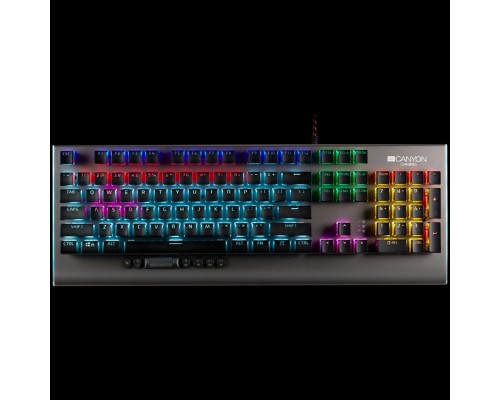 Клавиатура CANYON Wired multimedia gaming keyboard with lighting effect, 20pcs rainbow LED & 19pcs RGB light, Numbers 104keys, RU+EN double injection layout, cable length 1.8M, 446*160*40mm, 0.98kg, color Dark grey