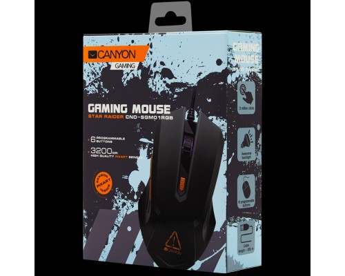 Мышь CANYON Star Raider GM-1 Optical Gaming Mouse with 6 programmable buttons, Pixart optical sensor, 4 levels of DPI and up to 3200, 3 million times key life, 1.65m PVC USB cable,rubber coating surface and colorful RGB lights, size:125*75*38mm, 115g