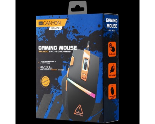 Мышь CANYON Sulaco GM-4 Wired Gaming Mouse with 7 programmable buttons, Pixart sensor of new generation, 4 levels of DPI and up to 4200, 5 million times key life, 1.65m Braided USB cable,rubber coating surface and RGB lights with 5 LED flowing mode,