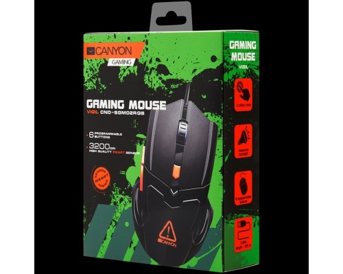 Мышь CANYON Vigil GM-2 Optical Gaming Mouse with 6 programmable buttons, Pixart optical sensor, 4 levels of DPI and up to 3200, 3 million times key life, 1.65m PVC USB cable,rubber coating surface and colorful RGB lights, size:125*75*38mm, 140g