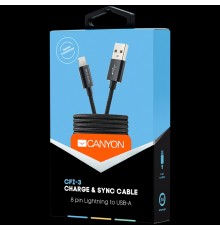 Кабель Canyon CFI-3 Lightning USB Cable for Apple, braided, metallic shell, cable length 1m, Black, 14.9*6.8*1000mm, 0.02kg                                                                                                                               