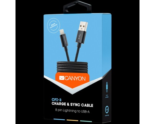 Кабель Canyon CFI-3 Lightning USB Cable for Apple, braided, metallic shell, cable length 1m, Black, 14.9*6.8*1000mm, 0.02kg