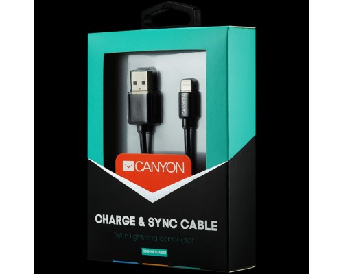 Кабель CANYON кабель, цвет - черный, разъем USB-Lightning, сертификат MFI/Apple, длина 1 м.