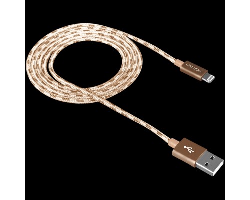 Кабель CANYON CFI-3 Lightning USB Cable for Apple, braided, metallic shell, cable length 1m, Gold, 14.9*6.8*1000mm, 0.02kg