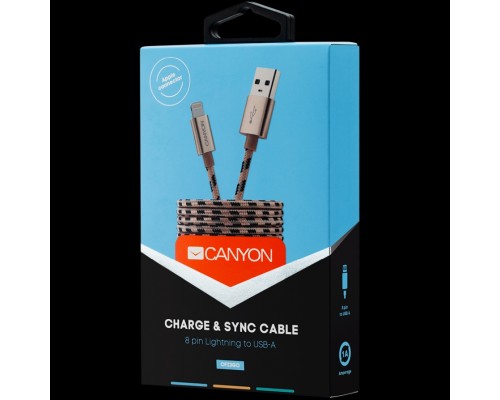 Кабель CANYON CFI-3 Lightning USB Cable for Apple, braided, metallic shell, cable length 1m, Gold, 14.9*6.8*1000mm, 0.02kg