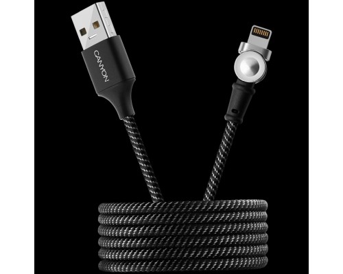 Кабель CANYON CFI-8 Rotating magnetic lightning charging cable (no data transfer), USB2.0, Power output 5V/2A, OD 3.2mm, with Short-circuit protection, cable length 1m, Black, 16*6*1000mm, 0.024kg