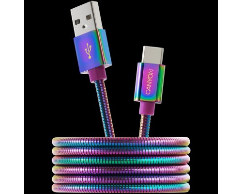 Кабель CANYON UC-7 Type C USB 2.0 standard cable, Power output 5V/9V 2A, OD 3.8mm, metal shell, cable length 1.2m, Rainbow, 14*6*1000mm, 0.04kg