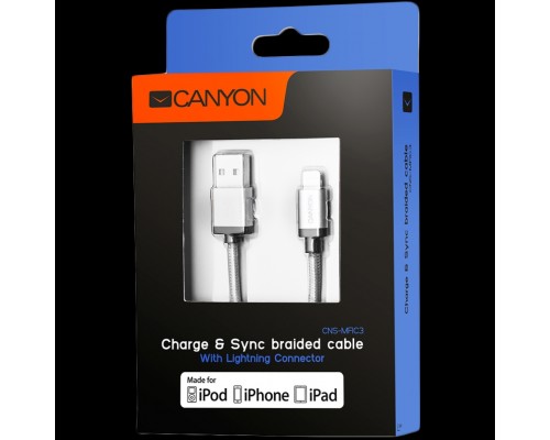 Кабель CANYON MFI-3 Charge & Sync MFI braided cable with metalic shell, USB to lightning, certified by Apple, 1m, 0.28mm, Dark gray