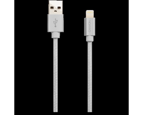 Кабель CANYON MFI-3 Charge & Sync MFI braided cable with metalic shell, USB to lightning, certified by Apple, cable length 1m, OD2.8mm, Pearl White