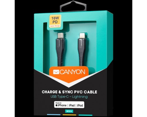 Кабель CANYON MFI-4 Type C Cable To MFI Lightning for Apple, PVC Mouling,Function:with full feature( data transmission and PD charging) Output:5V/2.4A , OD:3.5mm, cable length 1.2m, 0.026kg,Color:Black