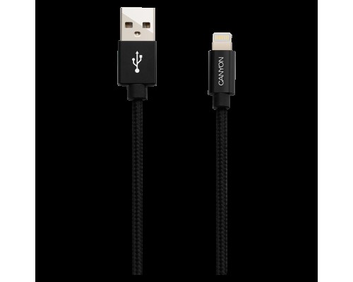 Кабель CANYON MFI-3 Charge & Sync MFI braided cable with metalic shell, USB to lightning, certified by Apple, cable length 1m, OD2.8mm, Black