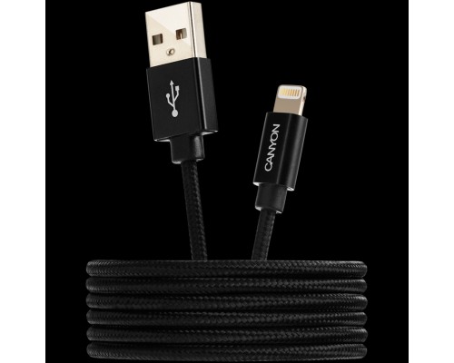 Кабель CANYON MFI-3 Charge & Sync MFI braided cable with metalic shell, USB to lightning, certified by Apple, cable length 1m, OD2.8mm, Black