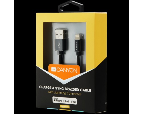 Кабель CANYON MFI-3 Charge & Sync MFI braided cable with metalic shell, USB to lightning, certified by Apple, cable length 1m, OD2.8mm, Black