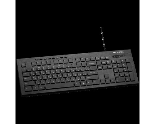 Клавиатура CANYON Multimedia wired keyboard, 104 keys, slim and brushed finish design, white backlight, chocolate key caps, RU layout (black), cable length 1.5m, 450*154*22.3mm, 0.53kg