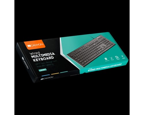 Клавиатура CANYON Multimedia wired keyboard, 104 keys, slim and brushed finish design, white backlight, chocolate key caps, RU layout (black), cable length 1.5m, 450*154*22.3mm, 0.53kg